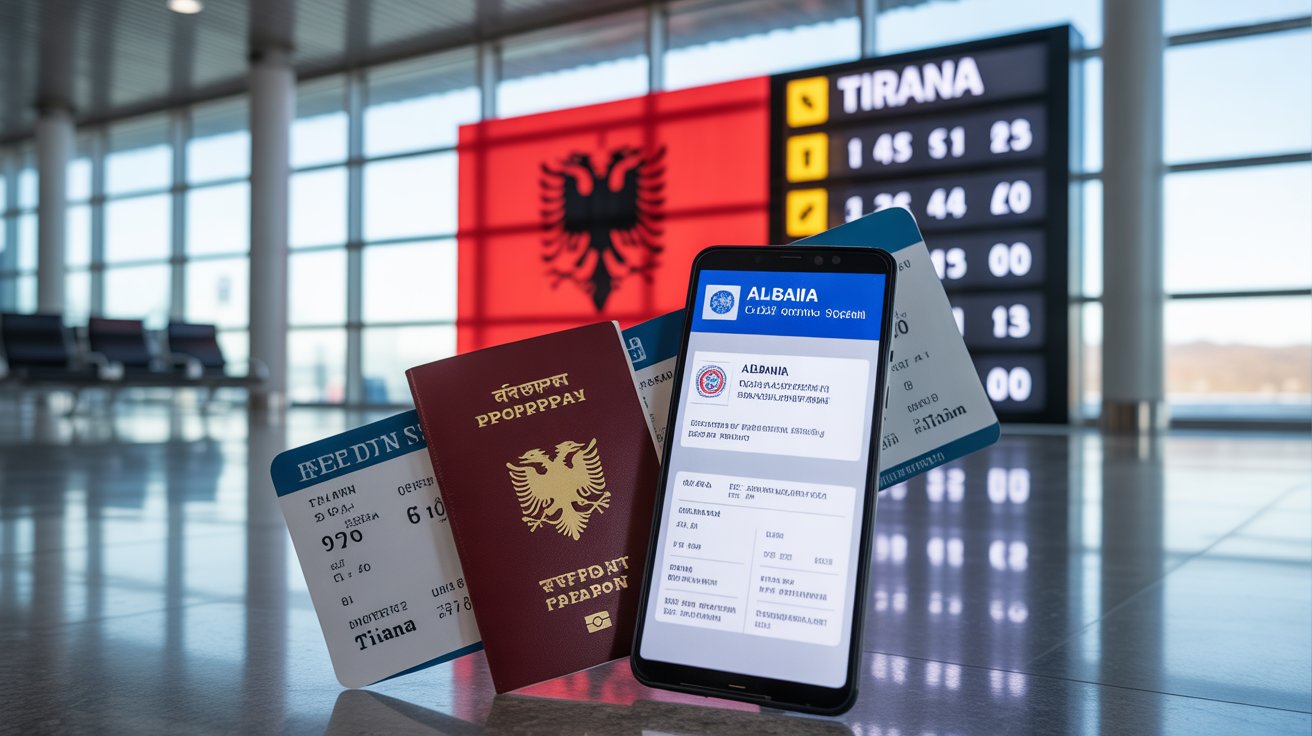 Albania e-Visa for Indians travel concept with passport and Albania destination